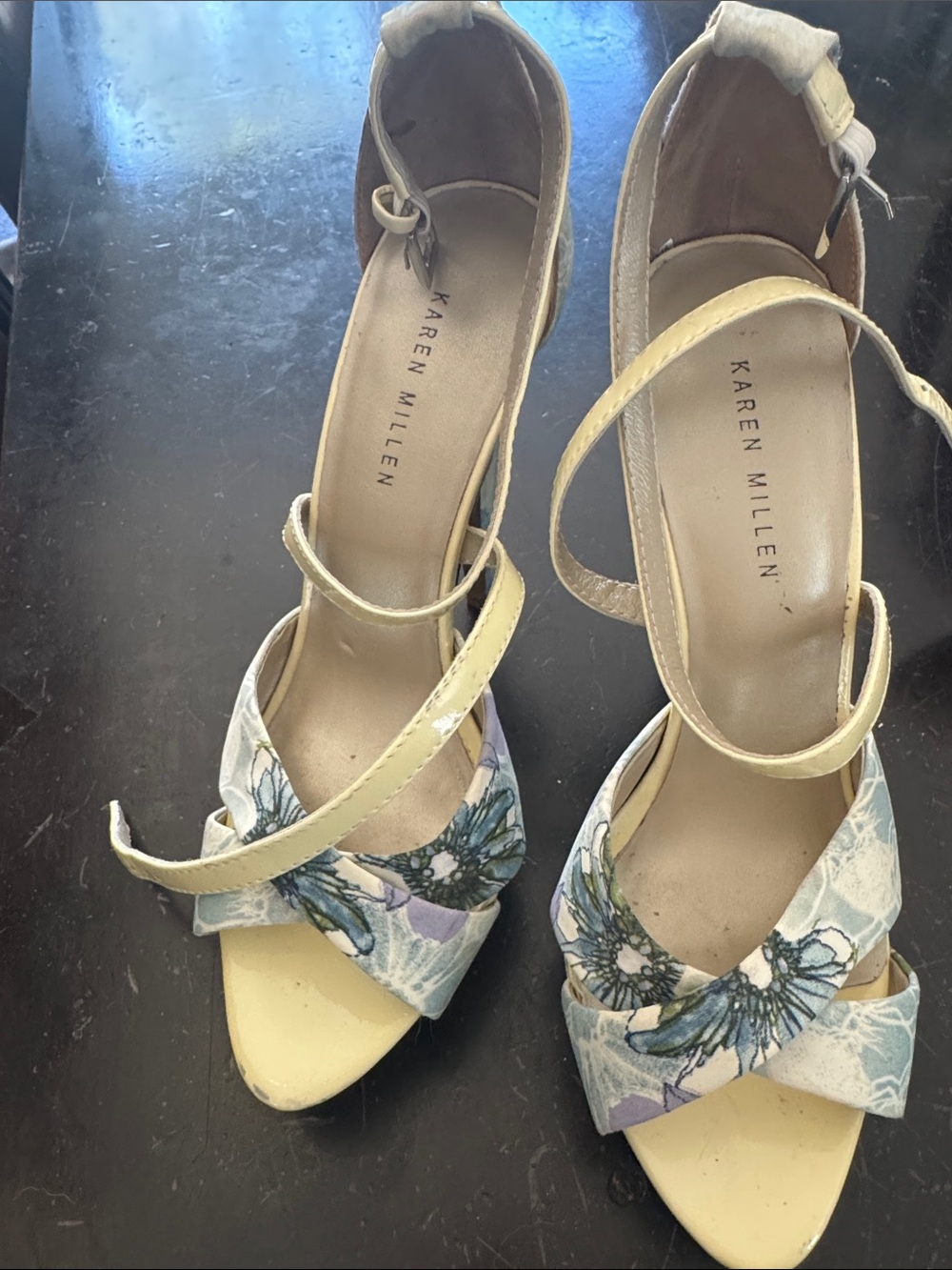 Karen Millen Yellow Floral Ankle-Strap Heels